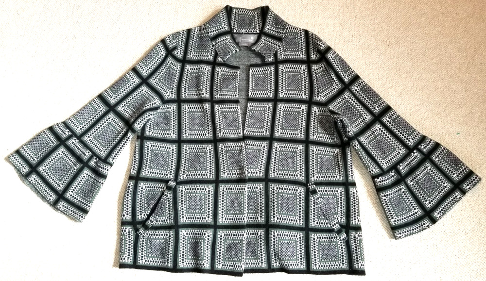 Womens Sweater-by ANTHROPOLOGIE-green/black/white geometric cotton Old Money-L